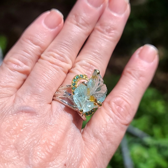 Aquamarine leaf carved gemstone & Topaz Sterling ring sz7.5 - Picture 5 of 10